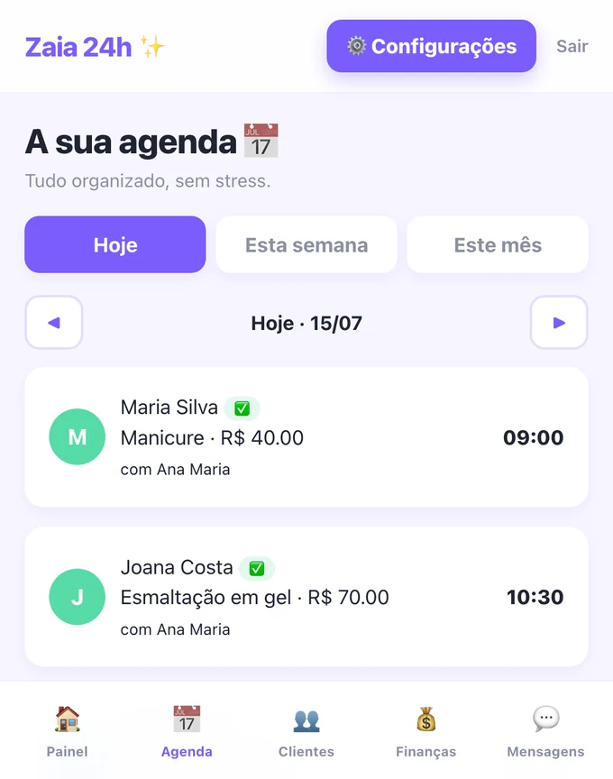 Agenda da Zaia 24h organizada por dia, semana e mês